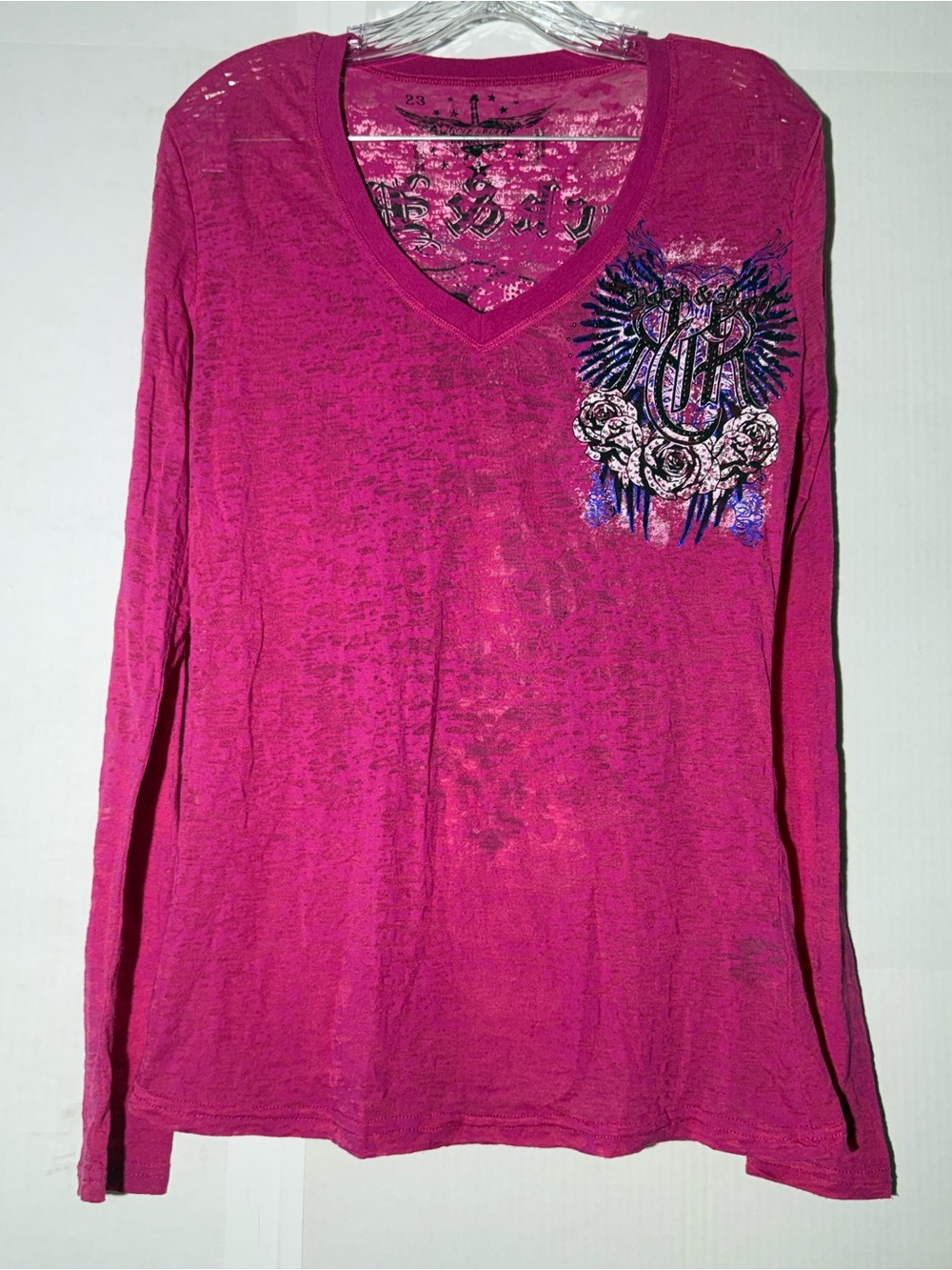 Hot Pink Rock And Roll Cowgirl Sheer Long Sleeve Tee Size L With Design